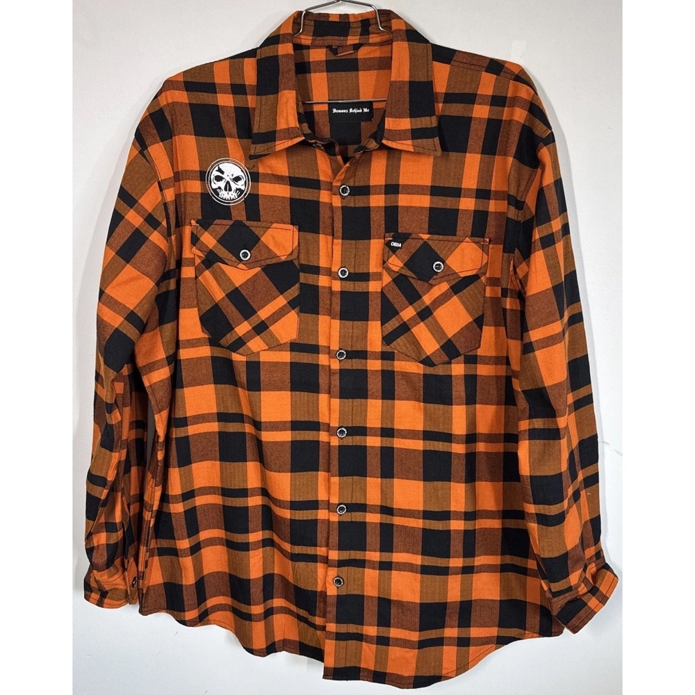 Demons Behind Me Flannel Button Up Shirt Black Orange Plaid Skull Patch Men's 4X